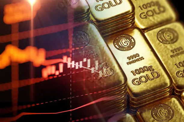 Photo of stack of  shiny gold bars on financial gold price graph  3d illustration