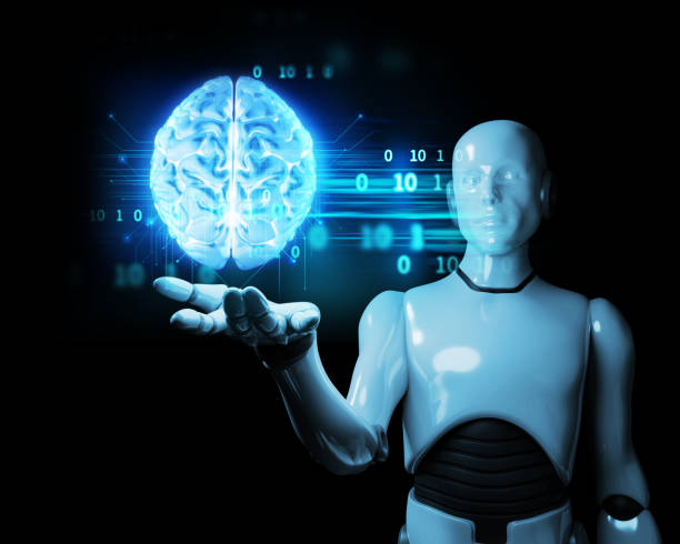 istock 3d illustration of cyber robot human extend hand to interact with hologram brain 1402686737