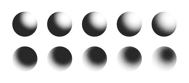 Various Degree Black Noise Abstract Graphic Grainy Textured Sphere Forms Vector Set Isolated On White Back. Different Hand Drawn Stipple Light Shadow 3D Ball Figures Isolate Design Elements Collection