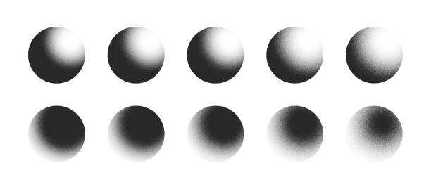 Various Degree Black Noise Sphere Figures Vector Set Isolated On White Back Various Degree Black Noise Abstract Graphic Grainy Textured Sphere Forms Vector Set Isolated On White Back. Different Hand Drawn Stipple Light Shadow 3D Ball Figures Isolate Design Elements Collection zorb ball stock illustrations