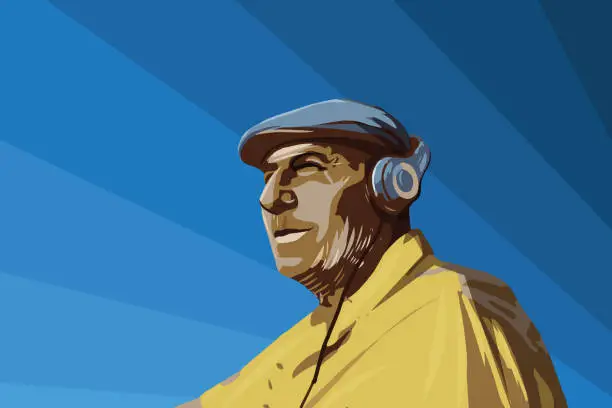 Vector illustration of Smiling senior man with headphones by the sea