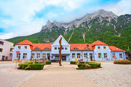 Mittenwald, Germany - July 01, 2021: Railway station in Mittenwald town in Bavaria region of Germany