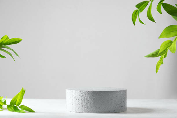 istock Concrete empty podium and green leaves 1402690930