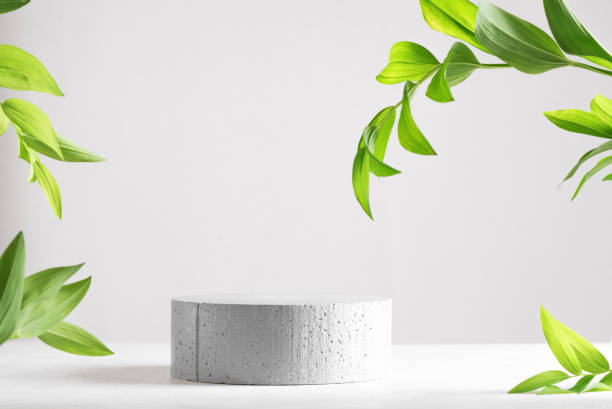 istock Concrete empty podium and green leaves 1402690950