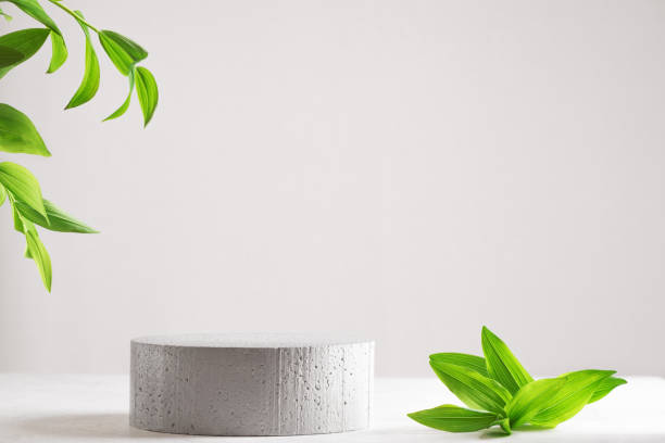 istock Concrete empty podium and green leaves 1402690981