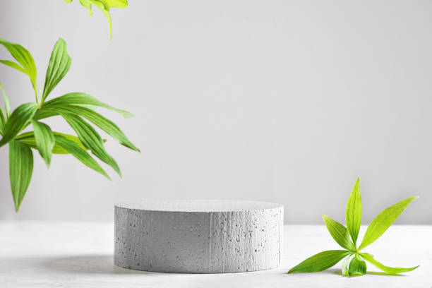 istock Concrete empty podium and green leaves 1402691049