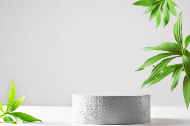 istock Empty stone podium and green leaves 1402691079