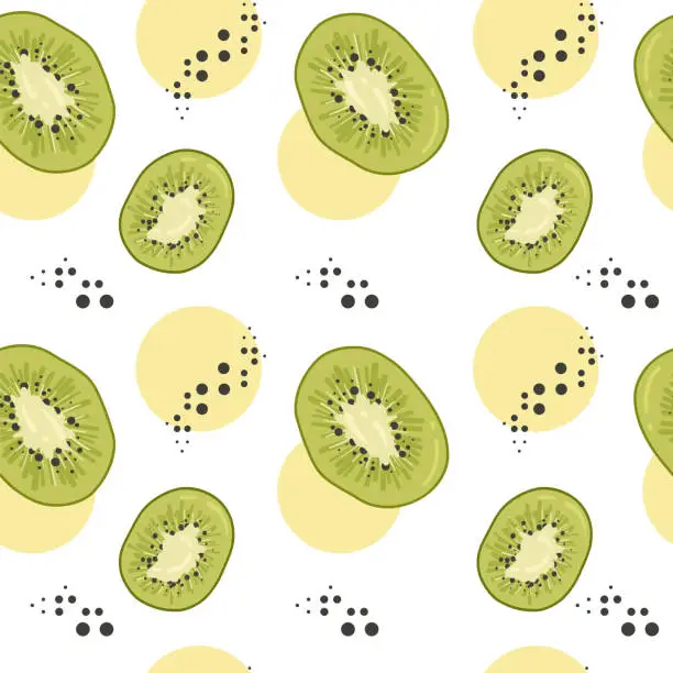 Vector illustration of Kiwi fruit and plants seamless pattern. Kiwi in cartoon style repeated backdrop. Whole fruit and cut half. Food template for background, textile, wrapping paper, wallpaper. Vector illustration