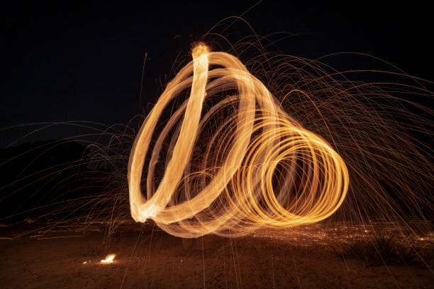istock Spinning and burning Steel wool sparkle fire in the circle shape with long speed shutter shoot glowing light line to the ground. 1402691272