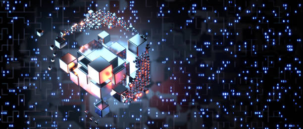 Artificial intelligence training concept. Hi-tech Square blocks are assembled into a cubic array against the background of information fields. 3D rendering. stock photo