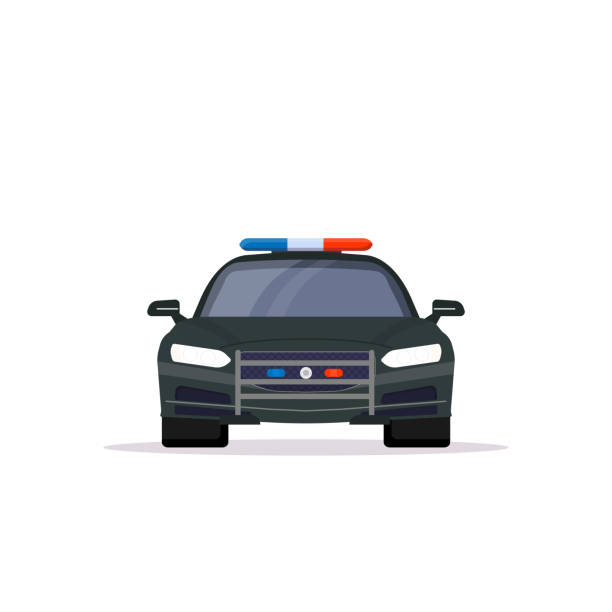 Front view police car Front view of black police car with lights. Flat style vector illustration. Vehicle and transport banner. Modern patrol european car. Sedan police service black car with police lights. police lights stock illustrations
