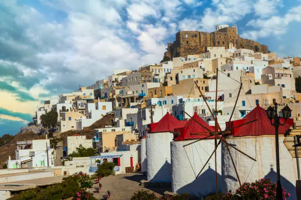 Photo of Traditional Greece - beautiful Chora village with windmills. Astypalea island, Dodecanese