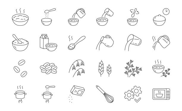 ilustracja doodle z płatków owsianych, w tym ikony - miska owsianki, musli, granola, ziarno, dzbanek, gotowany dzbanek z wodą ryżową, zdrowy posiłek, pszenica, trzepaczka. cienka linia sztuki o jedzeniu śniadaniowym. edytowalny obrys - bowl cereal cereal plant granola stock illustrations