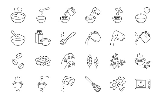 Oatmeal doodle illustration including icons - oat porridge bowl, muesli, granola, grain, jug, boiled rice water pot, healthy meal, wheat, whisk. Thin line art about breakfast food. Editable Stroke.