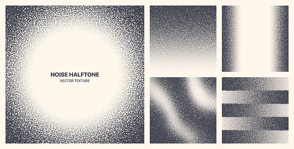 Assorted Various Black Noise Halftone Different Grainy Textures Vector Set Isolated On Light Background. Half Tone Contrast Black White Graphic Rough Gritty Variety Texture Design Element Collection