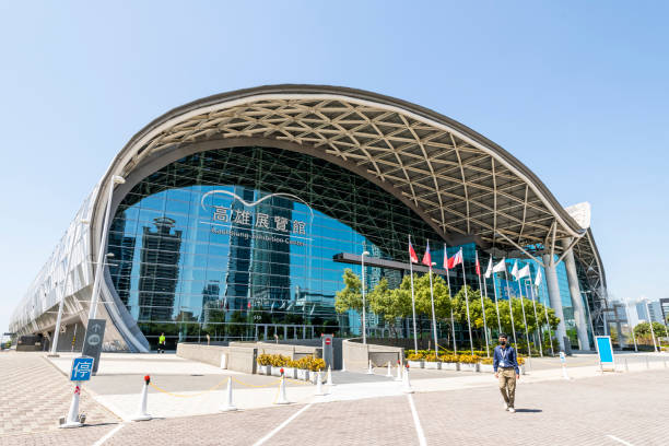 Kaohsiung, Taiwan- March 11, 2022: The architectural landscape of Kaohsiung Exhibition Center in Taiwan, was completed in 2014 and designed by Philip Cox.