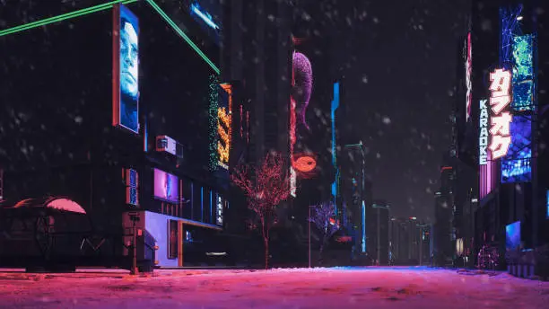 Sci-fi futuristic city with skyscrapers and neon colored streetlights in snowy night.