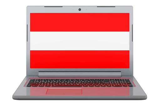Austrian flag on laptop screen. 3D illustration isolated on white background