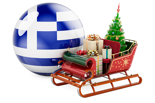 Christmas in Greece, concept. Christmas Santa sleigh full of gifts with Greek flag. 3D rendering isolated on white background