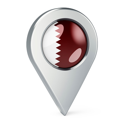Map pointer with flag of Qatar, 3D rendering isolated on white background