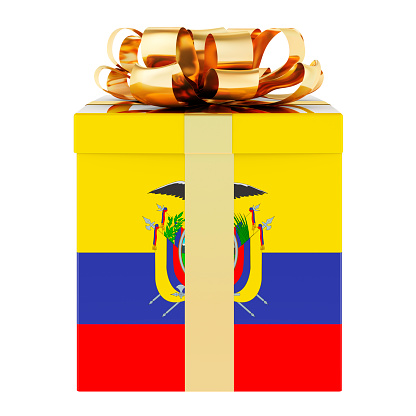 Gift box with Ecuadorian flag. Holiday in Ecuador, concept. 3D rendering isolated on white background