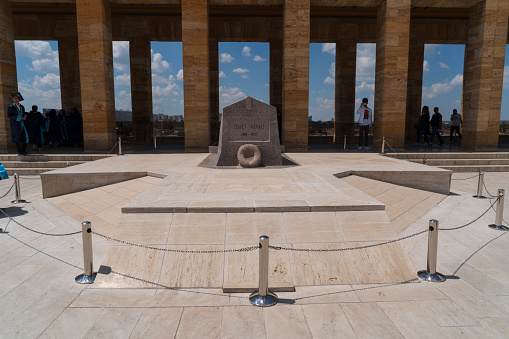 Ankara, Turkey - May 18, 2022: Mausoleum of M. Kemal Ataturk - the founder of the Republic of Turkey. On the foreground tomb of the Ismet Inonu- the second President of Turkey.