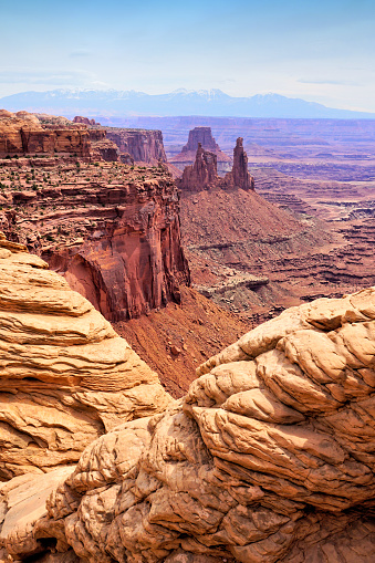 Canyonlands National Park view over the valley with Washer Woman Arch and Airport Tower, Utah, USA