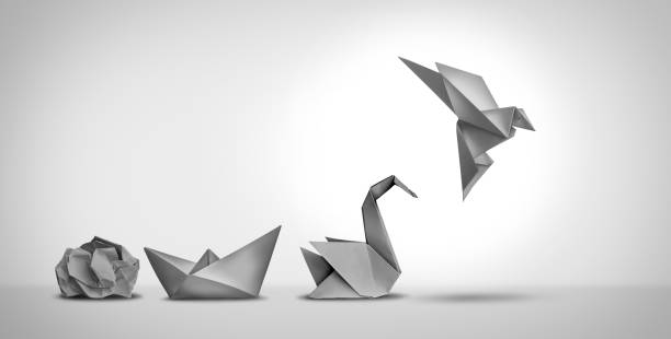 Changing For Success Changing for success as a leadership and business change through innovation and evolution of ability as a crumpled paper transforming into a boat then a swan and a flying bird as a metaphor. origami stock pictures, royalty-free photos & images