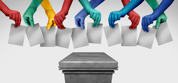 Diversity vote and diverse community voters and voting group concept as hands casting ballots at a polling station as a democratic right in a democracy as multicultural hands holding a blank paper with 3D illustration elements.