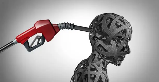 Gas Pump hostage and pain at the fueling station or economic challenge of rising fuel prices and oil increase or painful increasing crude petroleum and fossil energy with 3D illustration elements.