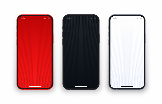Different Variations Minimalist Red Black White 3D Smooth Blur Geometric Lines Wallpaper Set On Photo Realistic Smart Phone Screen Isolated On White Back. Vertical Abstract Screensavers For Smartphone