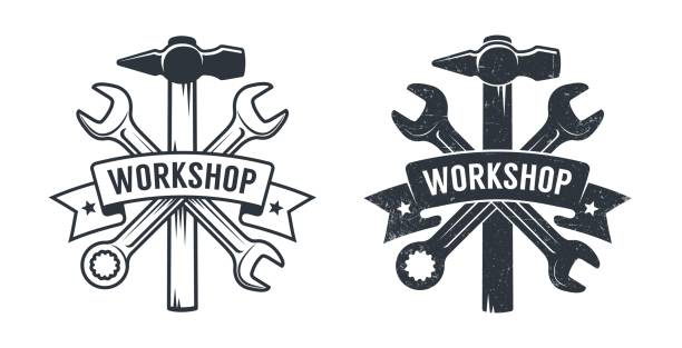 Repair service shop retro logo Repair service shop retro logo. Workshop emblem with hammer wrench and ribbon. Vintage industrial worn emblem with hand tools. hardware store stock illustrations