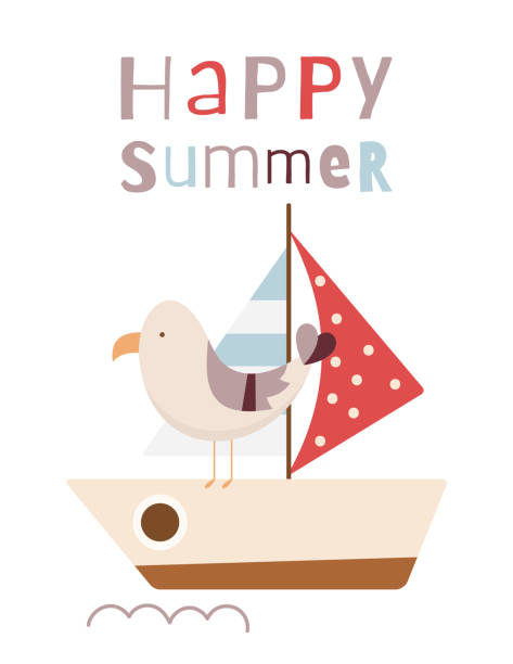 istock Cute Seagull on Sail Boat Summer Poster. Vector Illustration. Kids cartoon illustration for baby clothes, greeting card, wrapper, beach party. Text Happy Summer. 1402702856