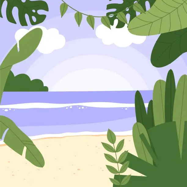 Vector illustration of Flat vector illustration of a tropical landscap. Summer vacation banner on a tropical island or seaside resort.