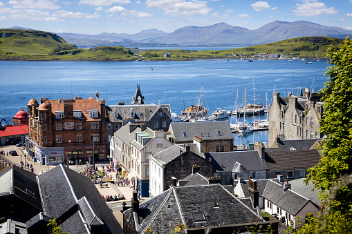 Holidays in Scotland - scenic view of Oban with Isle of Mull in the distance on the west coast of Scotland