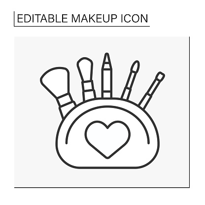 Makeup kit line icon. Fulled cosmetic bag with mascara, eye pencil, brushes and sponge. Makeup concept. Isolated vector illustration. Editable stroke