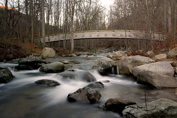 This is a wooden bridge passing over a mountain stream in Virginia's countryside.