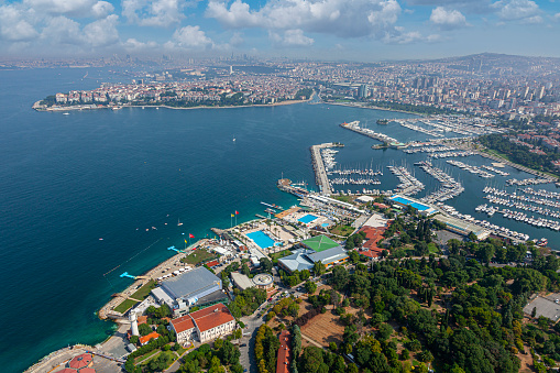 Aerial view of Istanbul's Fenerbahçe marina. Clubs on the island of Kalamış in the foreground, the marina and Kadıköy district in the back.