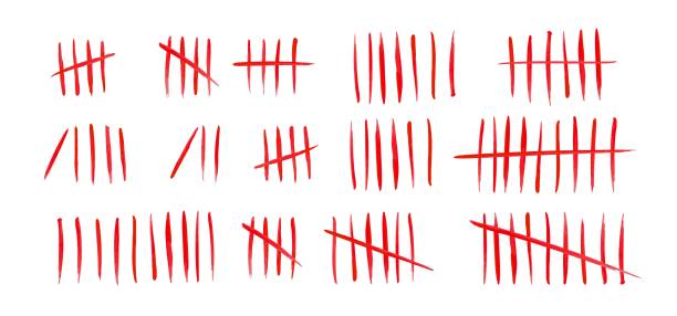 ilustrações de stock, clip art, desenhos animados e ícones de tally marks set on white background. collection of blood red hash marks signs of prison wall, jail or desert island lost day tally numbers counting. vector chalk drawn sticks lines counter. - strike