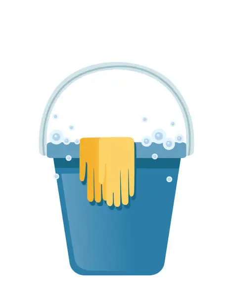 Vector illustration of Blue bucket filled with washing liquid and yellow gloves cleaning service vector illustration on white background