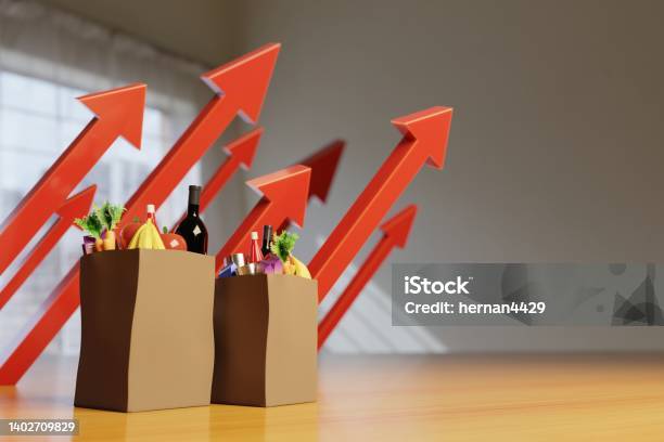 Inflation Prices Rise Concept Groceries Bags And Red Arrows Representing The Increase In The Cost Of Living Digital 3d Rendering Stock Photo - Download Image Now