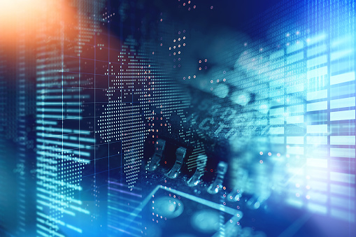 Computer Generated Digital Currency and Exchange Data Technology Stock Chart for Finance and Economy Display