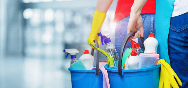 istock Cleaners with buckets and cleaning products . 1402713323