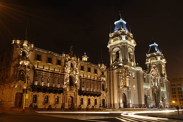 istock Illuminated Cathedral de Lima at night with blue detail 140271473