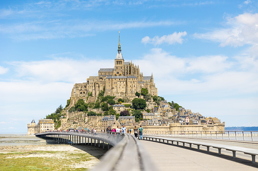 View of Mont Saint-Michel from the footbridge over the bay