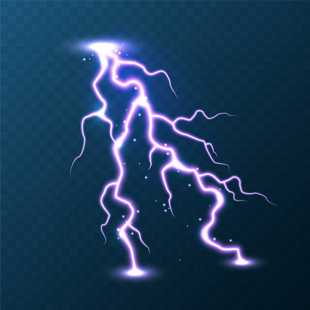istock Realistic colorful lightning on blue background. Thunderstorm and lightning bolt. Sparks of light. Stormy weather effect. Vector illustration 1402715104