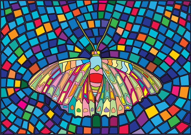butterfly stained glass mosaic blur background illustration vector Multicolored glass bright on blue background and colorful  Texture.
Is a mosaic glass that is used to decorate a picture of a window door. hoverfly stock illustrations