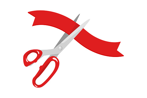 Cutting red ribbon. Symbol of opening ceremony. Vector illustration open scissors with tape isolated on white. Presentation concept.