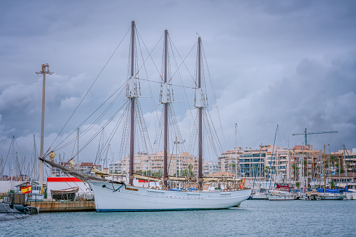 The Pascual Flores sailing ship port, historic and recently restored, floating museum. Torrevieja, Spain - November 21, 2021