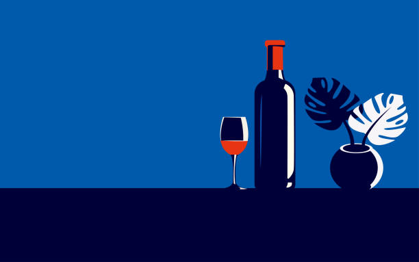 ilustrações de stock, clip art, desenhos animados e ícones de vector illustration of a bottle of wine and a glass with red wine next to it in trendy colors in a minimal style - silhouette wine retro revival wine bottle